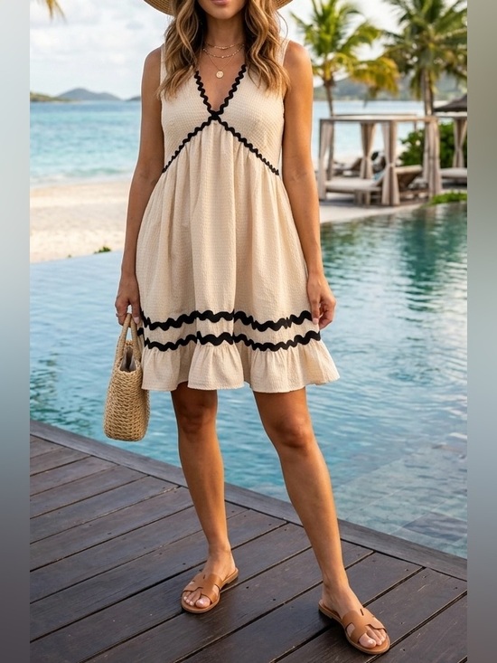 entro Dresses & Skirts - ENTRO Cream Textured Ric Rac Trim Babydoll Mini Dress S